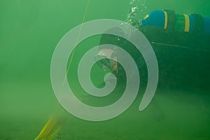 SCUBA diver exploring freshwater lake swimming through a thermocline holding dive flag rope