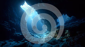 Scuba diver exploring a majestic underwater cave with dramatic light rays, deep blue water