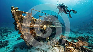 Scuba diver exploring a mysterious underwater shipwreck