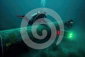 Scuba Diver Exploring Underwater Pipeline