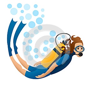 Scuba diver floats in water. Isolated image. White background. Vector