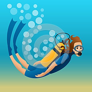 Scuba diver floats in water.. Vector