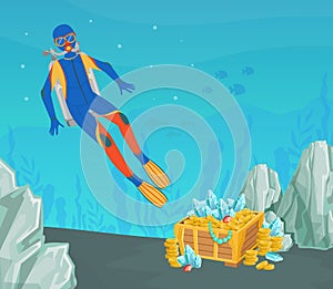 Scuba Diver Found Open Treasure Chest of Gold at the Bottom of the Sea, Lost Pirate Treasures Cartoon Vector