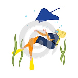 Scuba diver girl swimming underwater and diving with cramp-fish in deep-sea or ocean. Vector illustration in the flat