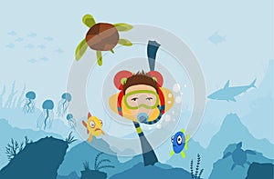 Scuba diver man diving with big turtle at the bottom of the sea with underwater vegatation vector illustration graphic photo