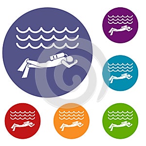 Scuba diver man in diving suit icons set