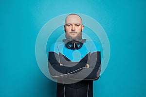 Scuba diver man isolated on blue background