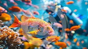 Scuba diver and orange fish in a lively coral reef. Interaction between human and marine life in a natural setting