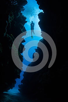 Scuba Diver in Reef Crevice photo