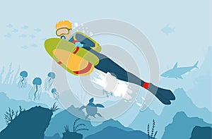 Scuba Diver with sea bob explores the bottom of the sea. Vector cartoon style underwater background with sea flora and