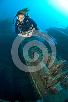 Scuba diver on ship wreck