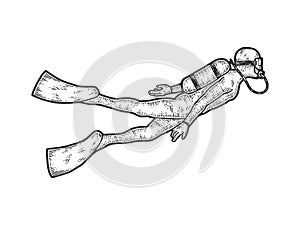 Scuba diver in standard diving dress. Sketch scratch board imitation.