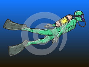 Scuba diver in standard diving dress. Sketch scratch board imitation color.