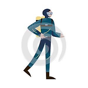 Scuba diver standing with one hand on the belt in wetsuit, flippers, and aqualung. Vector illustration in the flat