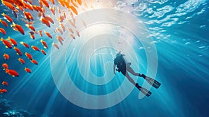 A scuba diver is surrounded by a school of fish, AI