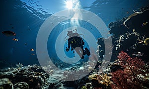 Scuba Diver Swimming Above Coral Reef