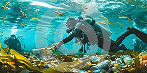 Scuba diver swimming underwater in the deep blue ocean with lots of floating plastic garbage.