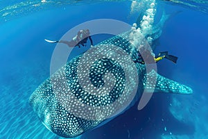 Scuba diver swimming with a whale shark in the blue ocean