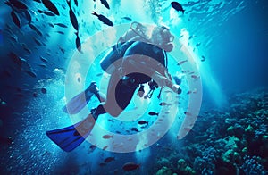 A scuba diver swims among a school of fish in a deep blue ocean. The diver is wearing a black wetsuit, blue fins, and a