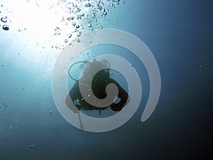 Scuba Diver underwater silhouettes against sun