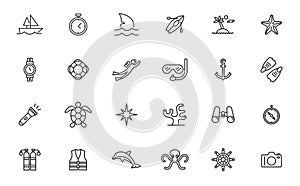 Scuba diver vector line icon. Whale deep octopus underwater diving coral outline thin design web icon set