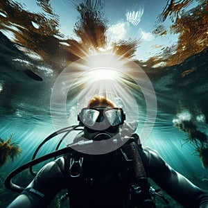 Scuba diver explores the crystal clear, shallow river waters