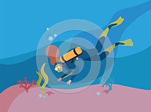 Scuba diver in wetsuit with oxygen cylinder flat vector illustration. Woman snorkeling underwater cartoon character