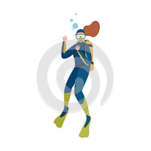 Scuba diver in wetsuit show ok gesture isolated on white background. Woman with special equipment snorkeling underwater