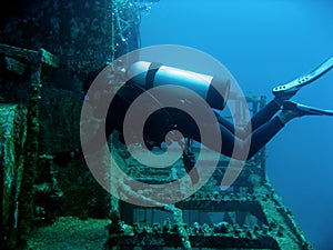 scuba diver on wreck boracay philippines photo