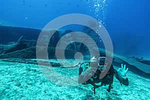 Scuba diver during a wreck dive in Greece