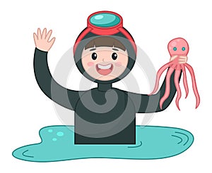 Scuba diver young man over water cartoon vector character holding pink octopus waving hand