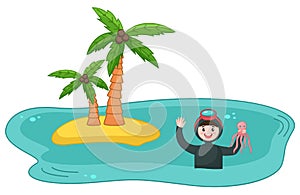 Scuba diver young man over water near the island with palm trees holding pink octopus waving hand