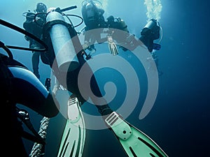 Scuba divers ascending to the surface