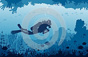 Scuba divers, cave, coral reef, fishes. Underwater sea and water