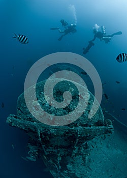 Scuba divers exploring Shipwreck SS Thistlegorm