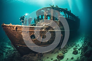 Scuba divers exploring a sunken shipwreck, underwater mysteries, high quality. Generative AI