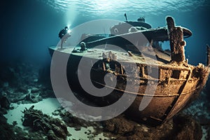 Scuba divers exploring a sunken shipwreck, underwater mysteries, high quality. Generative AI