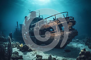 Scuba divers exploring a sunken shipwreck, underwater mysteries, high quality. Generative AI