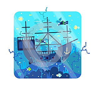 Scuba divers on the seabed explore wrecked boat. Vector cartoon illustration in flat stile - litlte girl and boy