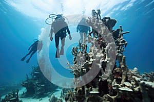 Scuba diving on a coral reef in the Red Sea, Egypt, Extreme divers in the coral reef, rear view, no visible faces, AI Generated