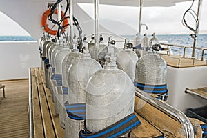 Scuba diving cylinders on a dive boat