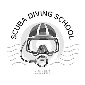 Scuba diving emblems or logo, diving mask and aqualung, underwater swimming design with diver face photo