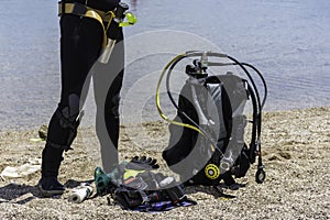 Scuba diving equipment on the beach