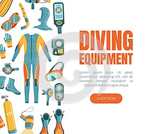 Scuba Diving Equipment Landing Page Template with Professional Accessories, Water Active Sport Vector Illustration