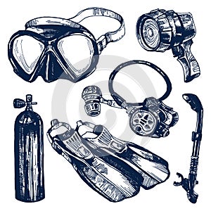 Scuba Diving Equipment Sketch Set.