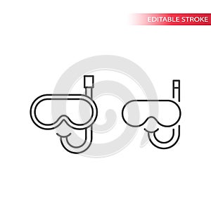 Scuba diving equipment, snorkel and goggles vector icons.