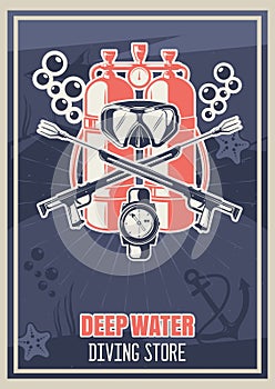 Scuba diving equipment store vintage typography poster template, vector illustration