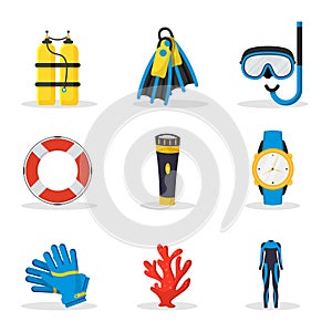 Scuba diving equipment vector illustrations set