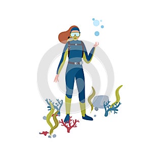 Scuba diving flat vector illustration. Female diver at ocean bottom cartoon character. Marine flora and fauna searching