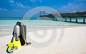 Scuba diving gear on Maldivian beach